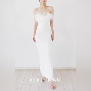 Elegant White Feather-Trimmed Dress